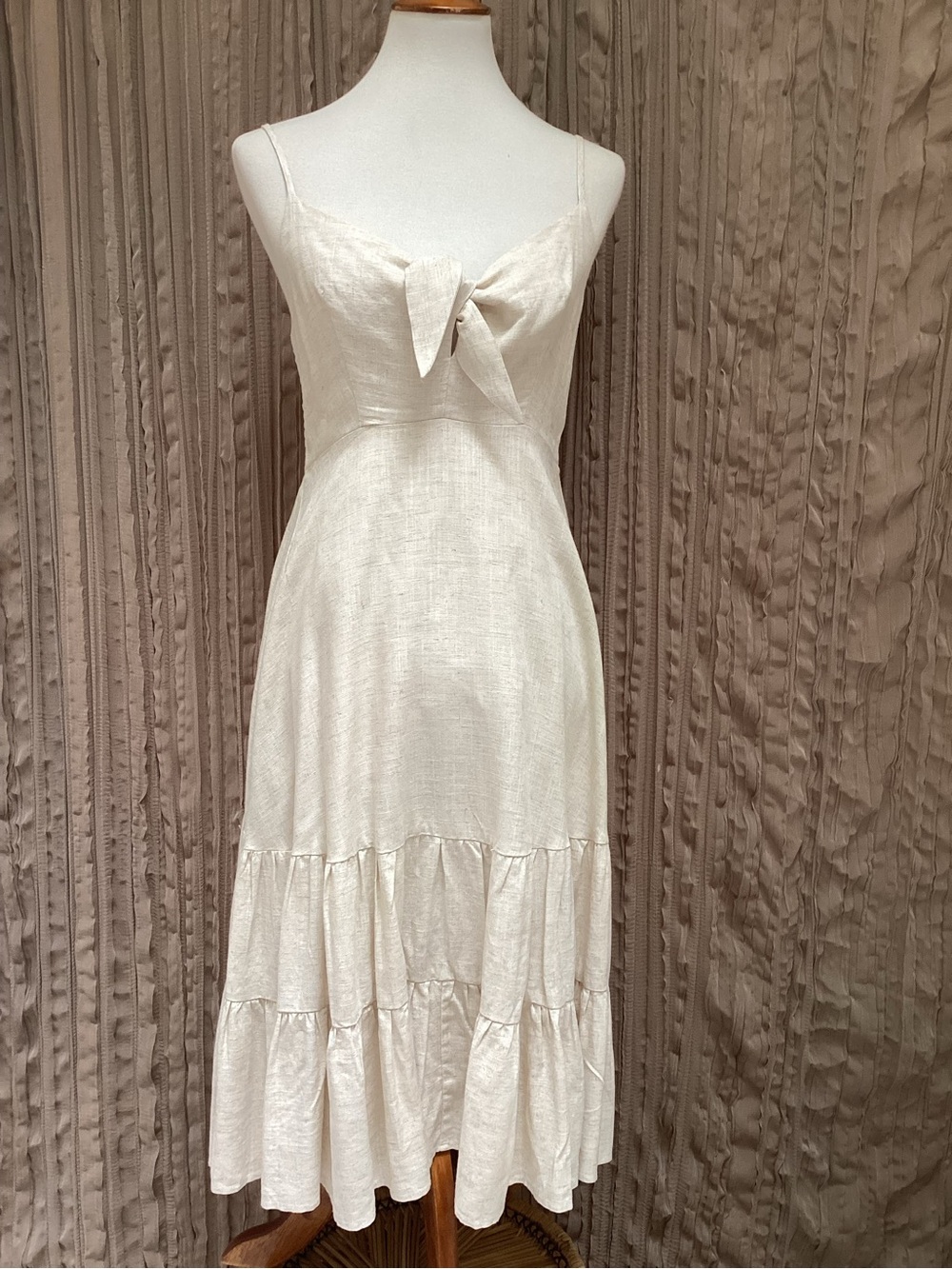 Aakaa Linen-Blend Midi Dress, elastic back, adj straps, tie bodice,Ivory, M